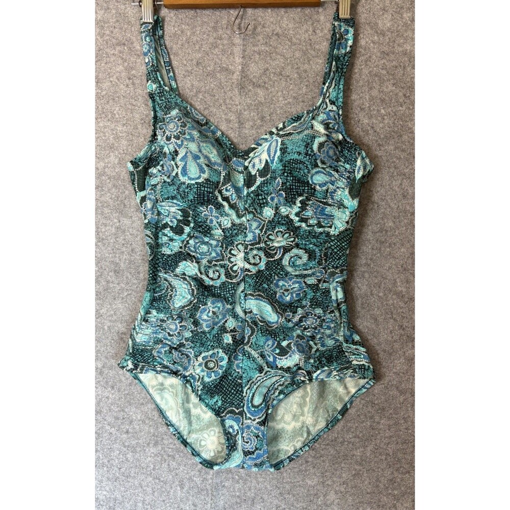 Rose Marie Reid Blue Tropical Floral Pattern One-Piece Swimsuit Women's Size 12